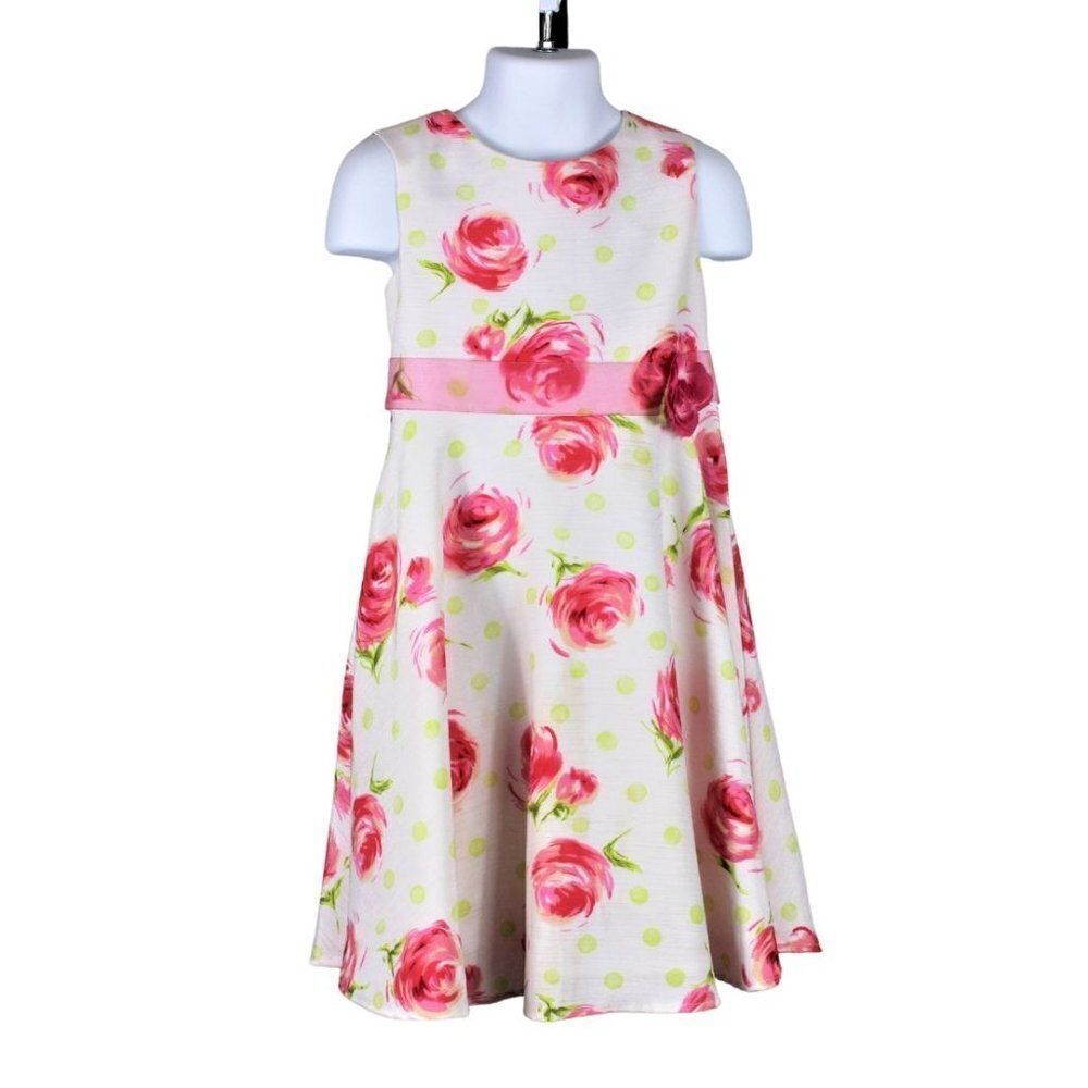 Dress Sleeveless Round Neckline Button Back Self Tie Belt Pink Floral Girls 5T